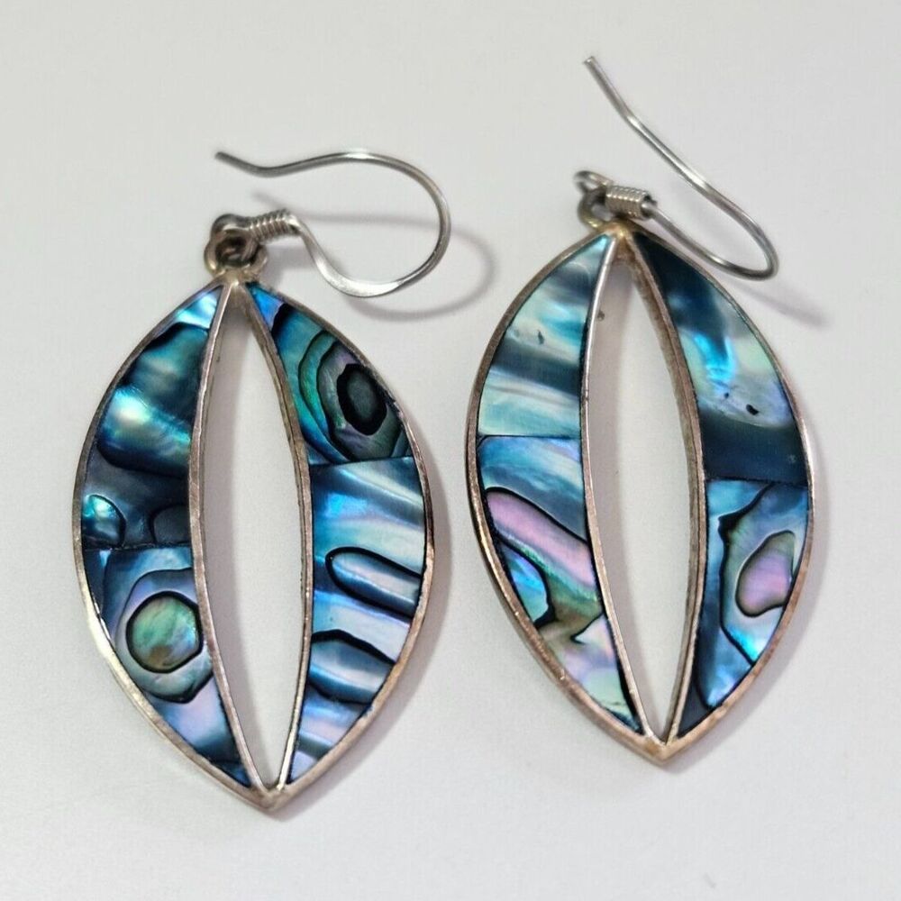Alpaca earrings are silver with blue abalone